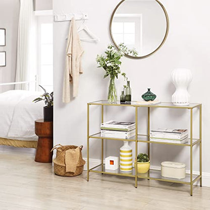 VASAGLE 39.4 Inch Console Table with 3 Shelves, Sofa Tables, Modern Entryway Table, Metal Frame, Tempered Glass Shelf, Entryway Living Room Bedroom, Metallic Gold and Transparent ULGT27G - color: Metallic Gold + Transparent, size: 39.4"W