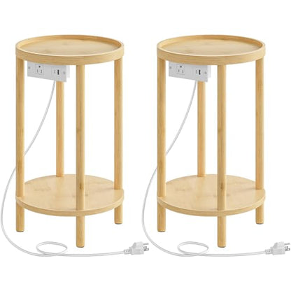 HOOBRO Set of 2 Small Round Side Tables with Charging Station, 2-Tier Round Bamboo End Tables, Easy Assembly, for Living Room, Bedroom, Apartment, Natural YL156UBZP201 - color: Natural