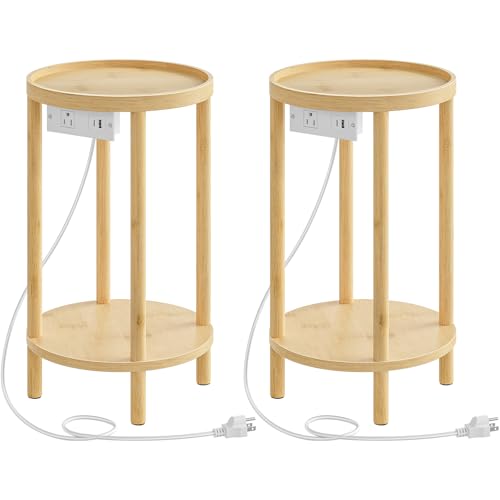 HOOBRO Set of 2 Small Round Side Tables with Charging Station, 2-Tier Round Bamboo End Tables, Easy Assembly, for Living Room, Bedroom, Apartment, Natural YL156UBZP201 - color: Natural