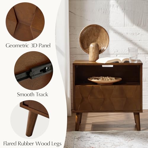 Mid-Century Modern End Table with Charging Station, Open Shelf & Drawer with Velvet-Lined Hidden Compartment, Wood Side Tables with Geometric Panel, Walnut