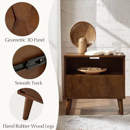 Mid-Century Modern End Table with Charging Station, Open Shelf & Drawer with Velvet-Lined Hidden Compartment, Wood Side Tables with Geometric Panel, Walnut