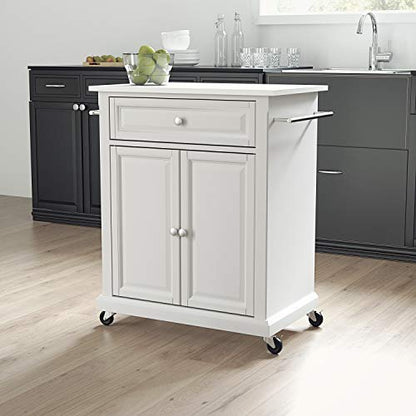 Crosley Furniture Compact Stone Top Small Rolling Cart with Shelves, Microwave Stand with Towel Rack, White - color: White, style: White Granite Top