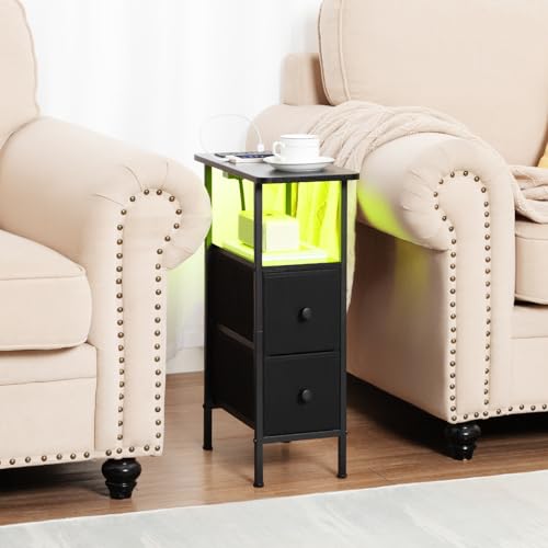 LOAKEKEL Narrow Nightstand with Charging Station, End Tables Living Room Set of 2, Skinny Side Table with Fabric Drawers, Small Sofa Table with LED Light for Bedroom, Black, HETNDP02LBK - color: Black, style: Power + Light