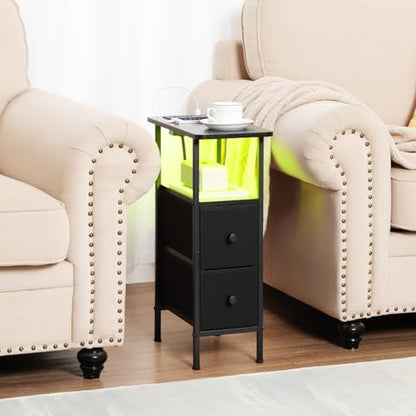 LOAKEKEL Narrow Nightstand with Charging Station, End Tables Living Room Set of 2, Skinny Side Table with Fabric Drawers, Small Sofa Table with LED Light for Bedroom, Black, HETNDP02LBK - color: Black, style: Power + Light