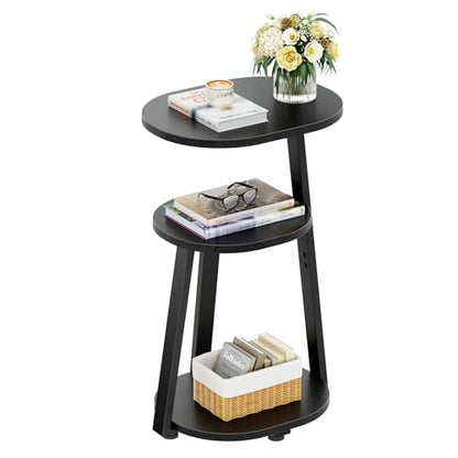 Kalrin Side Table, Small End Table with Metal Frame, 3-Tier Bedside Tables, Round Side Tables for Living Room Bedroom Couch Bathroom, Oval, Pure Black - color: Pure Black