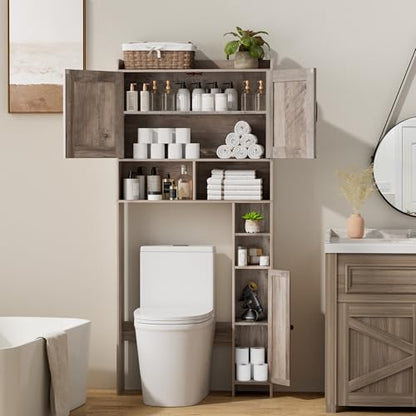Homhedy Wooden Over The Toilet Storage Cabinet with Barn Door | Freestanding Bathroom Storage, Toilet Paper Holder, Adjustable Shelf,Space-Saving, Farmhouse Style, Greige - color: Greige