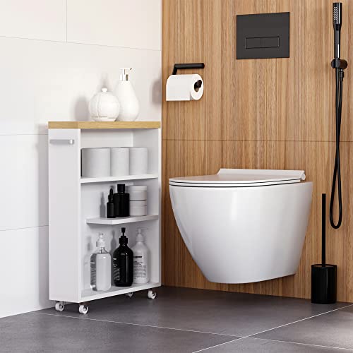 kleankin Slim Bathroom Cabinet with Castor Wheels Storage Organizer and Wood Shelves to Fit in Small Spaces, White