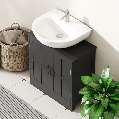 kleankin Pedestal Sink Storage Cabinet, Under Sink Cabinet with 2 Doors and Adjustable Shelf, Bathroom Vanity with U-Shape Cut-Out, Black - color: Black