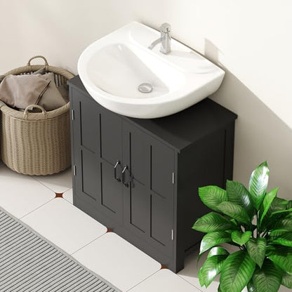 kleankin Pedestal Sink Storage Cabinet, Under Sink Cabinet with 2 Doors and Adjustable Shelf, Bathroom Vanity with U-Shape Cut-Out, Black - color: Black