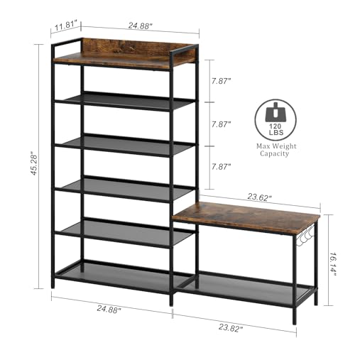 Shoe Rack Bench Storage Organizer for entryway,6-Tier Industrial Free Standing Shoe and Boot Racks with Seat,Entrance Shoe Rack Organizer Shelves for High Heels,Hallways, Closets,Brown,48.7in - size: 6 Tier-brown