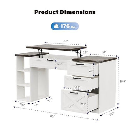 Farmhouse Lift Top Desk: Rustic Wood Standing Desk with 3 Drawers & Open Storage Shelves, Adjustable Height, White & Brown Home Office Computer Desk for Work, Study, Writing (White+Dark Walnut) - color: White+dark Walnut