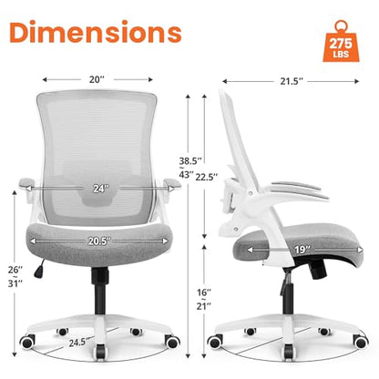 NEO CHAIR Office Desk Gaming Chair Computer High Back Mesh Seat with Rolling Wheels Ergonomic Adjustable Comfy Flip-up Armrests Lumbar Support Height for Home (Grey White Frame) - color: Grey