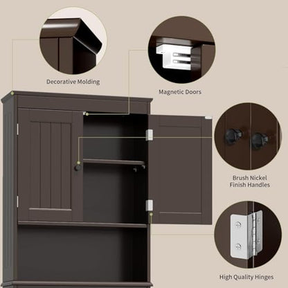 Gizoon Over the Toilet Storage Cabinet with Adjustable Shelf and Double Doors, Bathroom Space Saver Organizer Above Toilet with Open Shelf, Taller Wooden Free Standing Toilet Rack -Espresso - color: Espresso