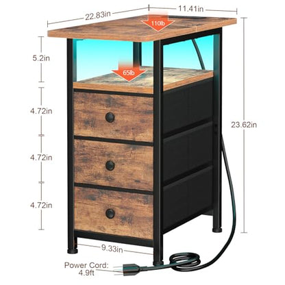 AMHANCIBLE Narrow End Table Living Room with Charging Station, Slim LED Nightstand with Fabric Drawers, Skinny Side Table for Bedroom, Small Spaces, Couch, Rustic Brown, HETN013LBR-1 - color: Brown, style: LED Light & Power