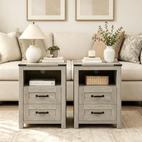 Farmhouse Nightstand Set of 2, Bedside Table with 2 Drawers Storage, Rustic Night Stand with Charging Station, End Table with Open Shelf for Bedroom, Grey - color: Grey, size: 2pcs with Charging