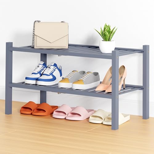Smiry Bamboo Shoe Rack, 14 Vertical Slats, 2 Tier - 26.8" Wide, Grey | Stackable Free Standing Wooden Shoe Organizer, Wood Shoe Storage Shelf for Closet, Entryway, Thicher Leg - color: Grey, size: 26.80" Wide - 2 Tier - Thicker