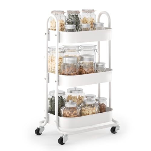 EAGMAK 3 Tier Rolling Cart, Round Metal Utility Cart with Lockable Wheels, Storage Cart Organizer Trolley with Mesh Shelves for Living Room, Kitchen, Bedroom, Office(White)