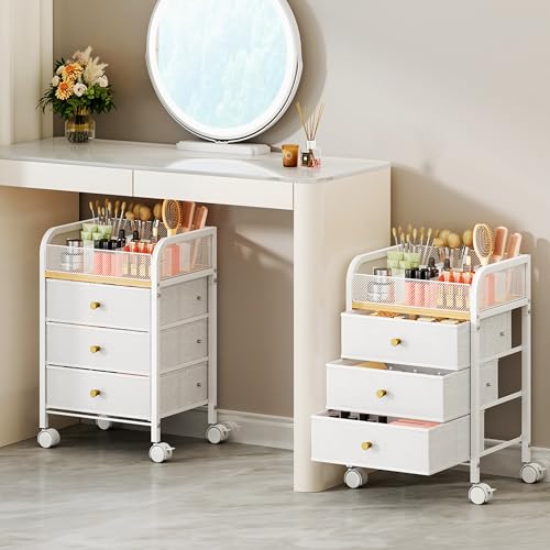 SWTYMIKI Rolling Makeup Organizer Cart - 14.96″*11.81″*23.03″ Widened Under Desk Vanity Storage with 3 Non-woven Drawers, Cosmetic Display Cases for Skin Care Perfume Nail Polish Brush Hair Tool White - color: White, size: XL 4-Tier