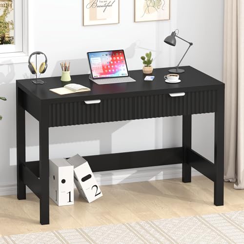 39 Inch Small Fluted Computer Desk with 2 Drawers for Bedroom, Home Office | Small Computer Desk with Storage, Compact Writing Study Desk for Small Spaces, Black - color: Black, size: 39-Inch Desk