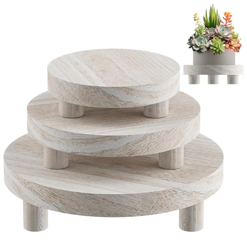 3 Pcs Wood Plant Stand Indoor Outdoor, Round Wood Riser for Decor 6/8/10" Wooden Stool Display Stand Flower Pot Holder Small Planter Tray Modern Potter Decorative for Desktop Counter Room - color: Washed White