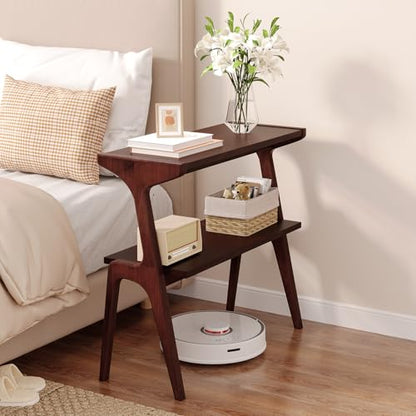 Solid Wood End Table, 2-Tier Side Table with Storage Shelf, Wooden Modern Accent Slim Bedside Table for Sofa, Living Room, Bedroom, Small Space, Easy Assembly, Burgundy - color: Burgundy