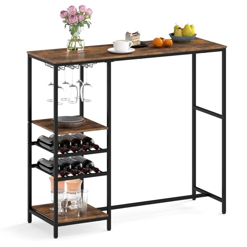 COSTWAY 48" Long Bar Table, Bar Height Dining Table with Storage Shelves, Wine Racks & Stemware Holders, Industrial Breakfast Table for Kitchen Living Room Behind Couch, Rustic Brown