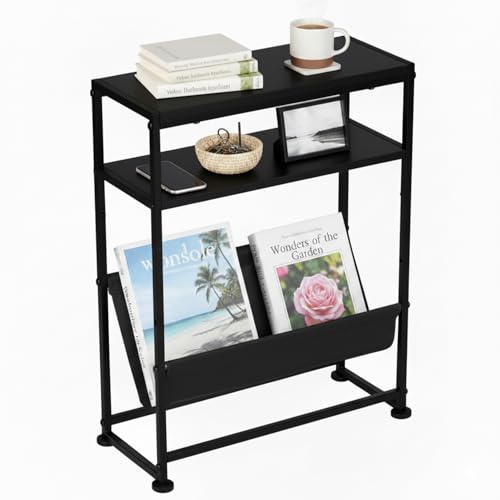 Narrow End Table for Small Spaces - Slim Side Table with Magazine Holder,2 in 1 Design Narrow Coffee Table Living Room,Skinny Bedroom Nightstand Thin Side Magazine Table,Black - color: Black