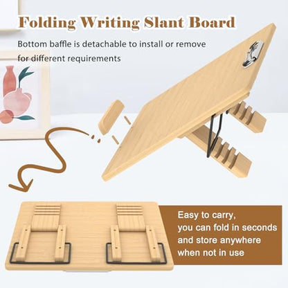 Slant Board for Writing Adjustable Slanted Writing Board Easel for Desk | Bamboo Writing Board Stand with Metal Clip, 4 Adjustable Angles, Foldable Slanted Clipboard for Handwriting, Reading, Drawing