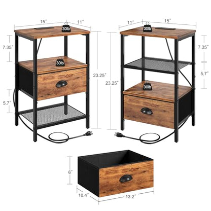 sthmec Nightstands Set of 2, Night Stands with Charging Station and Fabric Drawer, Bedside Tables with Drawers, 2- Tier Side Table with Open Shelf, Nightstands with Charging Station,Rustic Brown - color: Rustic Brown, style: Power