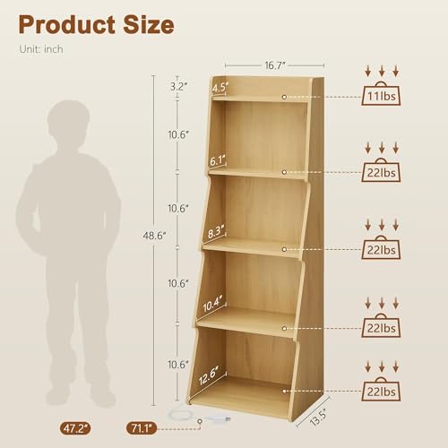 Hoctieon 5-Tier Open Bookcase and Bookshelf with LED Light, Floor Standing Display Storage Shelves, Wood Modern Display Organizer for Home Office, Living Room, Bedroom, Study, Yellow Oak