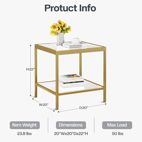 2 Tier Square End Table Side Table with Tempered Glass Top and Gold Metal Frame Modern Night Stand for Small Spaces Side Table with Storage for Living Room Bedroom - color: Gold, style: Style 1