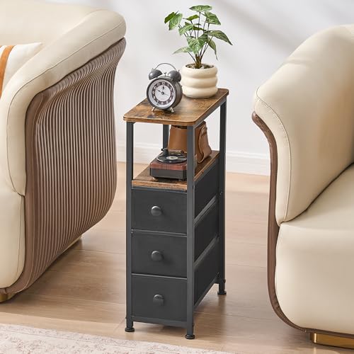 End Table, Narrow Side Table with 3 Fabric Drawers, Slim Nightstand, Small Bedside Table with Storage, Living Room, Bedroom, Rustic Brown HKET1300BR - color: Rustic Brown, size: 7.9" W x 15.7" D, style: No Power