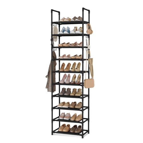 VTRIN 10 Tiers Tall Shoe Rack Holds 20-25 Pairs of Shoes Sturdy Vertical Shoe Organizer with 18pcs Hooks Stackable Narrow Shoe Rack for Closet, Entryway Black - color: Black, size: 17" Wide - 10 Tier