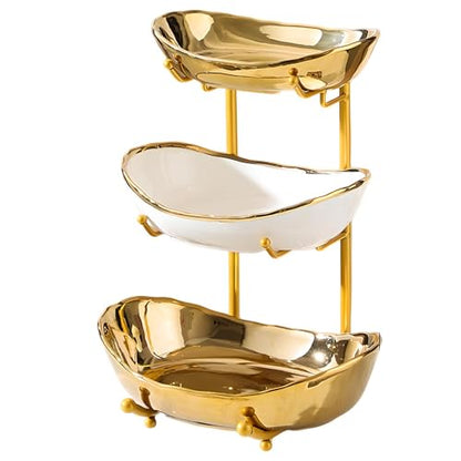 YYW 3 Tier Fruit Bowl for Kitchen Counter, White Gold Silver Ceramic Fruit Stand for Countertop, Home Fruit Rack with Metal Holder, Vegetable Snacks Nuts Bread Candy Storage (Gold (Smooth)) - color: Gold (Smooth)