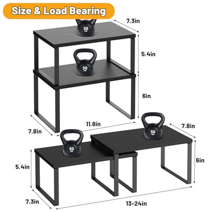 Kitchen Cabinet Organizer Shelf Set of 4, Sturdy Kitchen Counter Shelves with Metal Legs, Stackable Expandable Wood Spice Rack Pantry Cupboard Dish Mug Cup Storage Organizer Shelf, Black - color: Black
