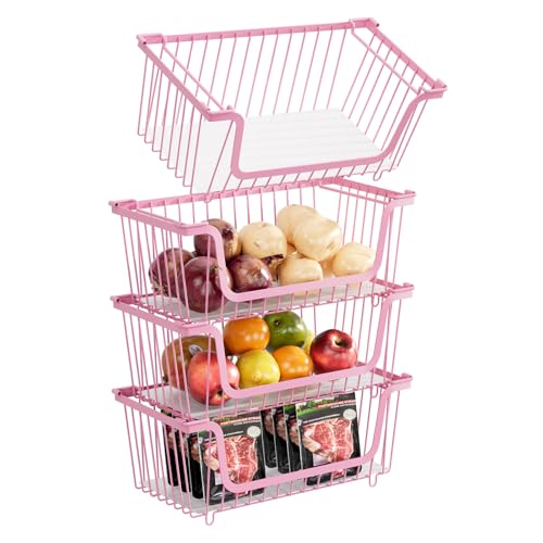 GAOKASE 4 Pcs Stackable Wire Baskets for Pantry Organizers and Storage,Vegetable Fruit Basket for Countertop,Kitchen Storage Metal Baskets,Produce Potato Onion Storage Bin,pink - color: 1-pink