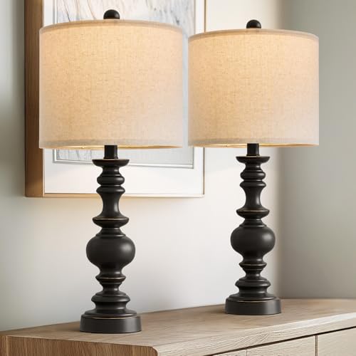 BOBOMOMO 24" Traditional Farmhouse Table Lamp Set of 2, Vintage Resin Lamps for Living Room Bedroom, Rustic Nightstand Lamp with Linen Shades, Retro Black Table Lamps for Living Room, Bedroom, Office - color: Black, size: Medium-24"