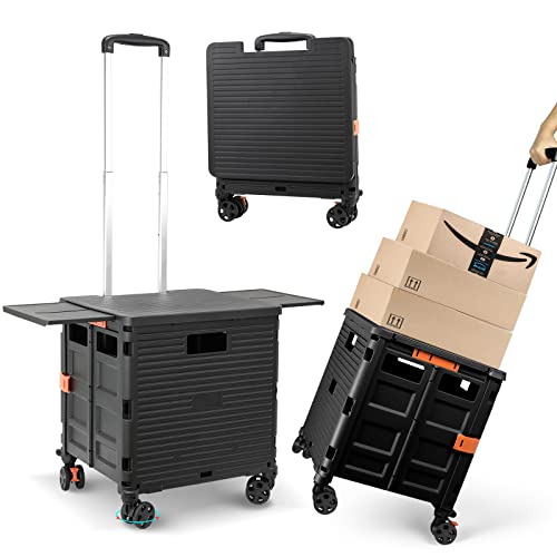 Foldable Utility Cart Folding Portable Rolling Crate with Magnetic Extended Lid,360°Rotate Wheels,176LBS Load Capacity,Heavy Duty Durable Dolly Cart for Teacher Tourist Shopping Office Outdoor - color: Black, size: Magnetic Extended Lid