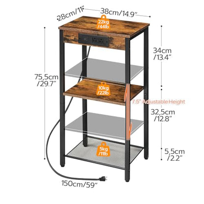 HOOBRO Tall End Tables with Charging Station, Set of 2, 30 Inch Tall Nightstands, 3-Tier Side Tables with Adjustable Storage Shelves, for Living Room, Bedroom, Hallway, Rustic Brown BF09UDHP201G1 - color: Rustic Brown + Black