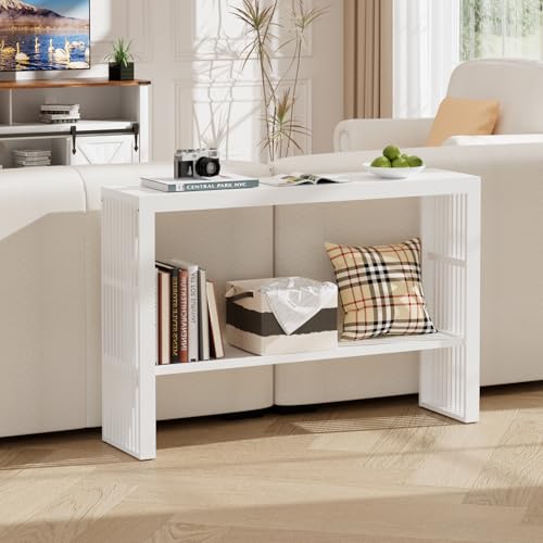 47-Inch Console Table with Storage, 2-Tier Narrow Entryway Table,White | 100% Natural Bamboo slim profile, reinforced angled frame versatile wall-side placement - color: White, style: 2-TIER