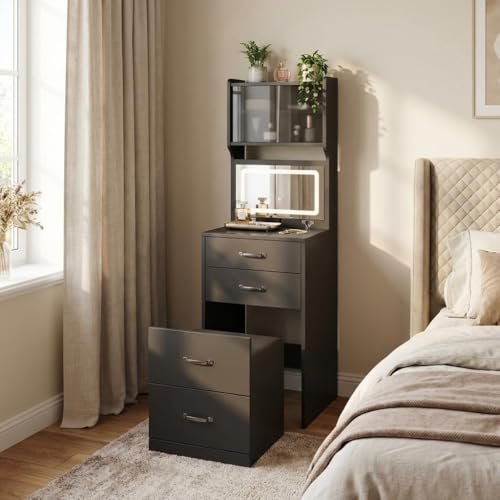 Garvee 3 in 1 Vanity Desk with 3 Color LED, Compact Makeup Vanity Set with 2 AC Outlets & USB, Dressing Table with Drawers & Acrylic Doors, Nightstand Vanity Mirror, Jewelry Box, Hidden Chair, Black - color: Black