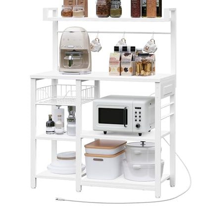 HOOBRO Bakers Rack with Power Outlet, 35.4 Inches Coffee Bar with Mesh Basket, Microwave Stand with 4 S-Shaped Hooks, Kitchen Bakers Rack with Storage, Easy to Assemble, White WT05HB01 - color: White