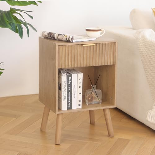 Fultyle Night Stand with Drawer, Mid Century Nightstand with Storage, Modern Fluted Bedside Table Bedroom Living Room for Small Space, Office (Rustic Walnut) - color: Rustic Walnut