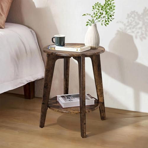 Small Round Side Table Wooden End Table with Lower Shelf Modern Nightstand Bedside Table for Small Spaces, Living Room, Bedroom Retro Brown - color: Brown
