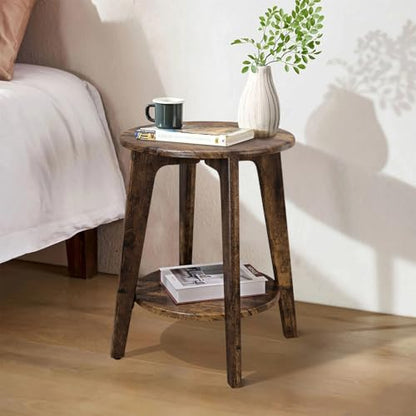 Small Round Side Table Wooden End Table with Lower Shelf Modern Nightstand Bedside Table for Small Spaces, Living Room, Bedroom Retro Brown - color: Brown