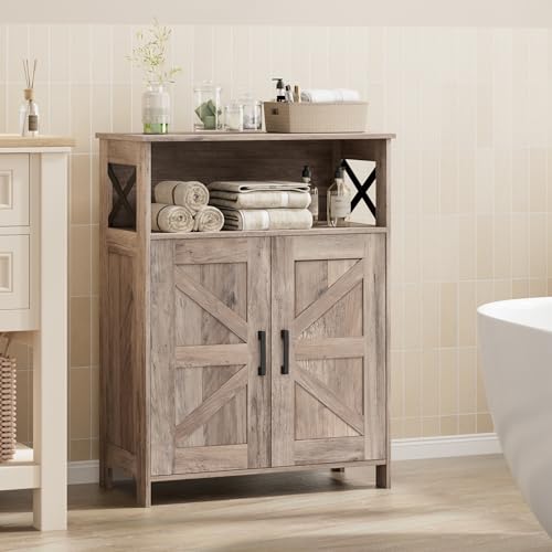 Homhedy Farmhouse Bathroom Storage Cabinet with 2 Doors, Toilet Paper Cabinet with Adjustable Shelf, Small Bathroom Cabinet for Kitchen/Laundry/Living Room, 11.8 x 23.6 x 31.5 Inches, Greige - color: Greige