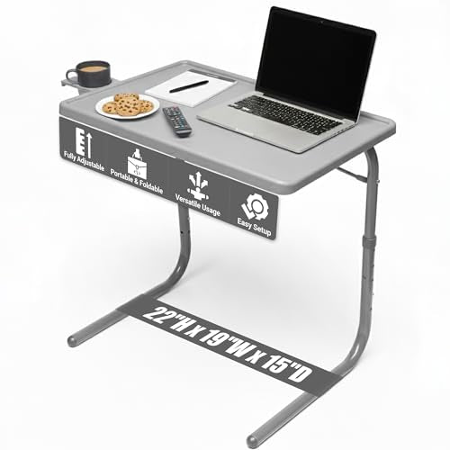Table-Mate TV Tray Table | Portable Desk Folding Dinner Tray, Couch Table Trays for Eating Snack Food, Portable Laptop Desk, Bed Trays for Eating | Adjustable TV Trays with 3 Angles and Cup Holder - color: Silver, size: 15"D x 21"W x 29"H