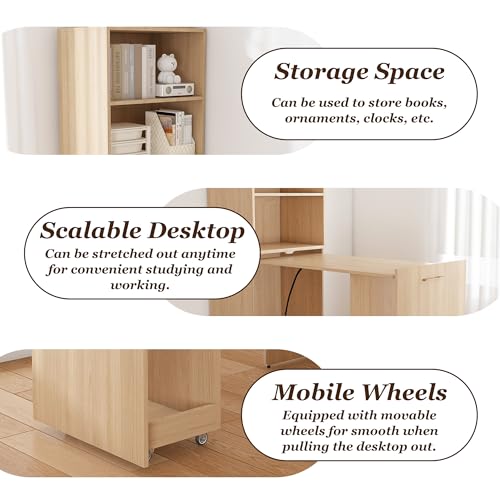 Folding Out Desk with Storage Shelves, Expandable Hidden Computer Desk, Foldable Space-Saving Pull Out Murphy Table, Writing Table with Wheels for Home Office Bedroom Small Spaces (Natural Wood.) - color: Natural Wood.