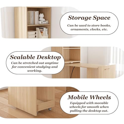 Folding Out Desk with Storage Shelves, Expandable Hidden Computer Desk, Foldable Space-Saving Pull Out Murphy Table, Writing Table with Wheels for Home Office Bedroom Small Spaces (Natural Wood.) - color: Natural Wood.