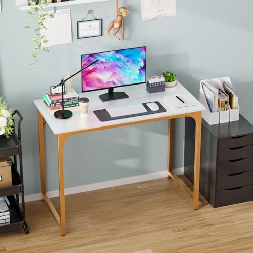 Dkelincs 40 Inch Small Computer Desk Home Office Desk Writing Desk Modern Simple Style Study Work Table with Metal Frame, Easy Assembly, Adjustable Feet, Water-Resistant, Scratchproof Surface, Gold - color: Gold, size: 40 Inch